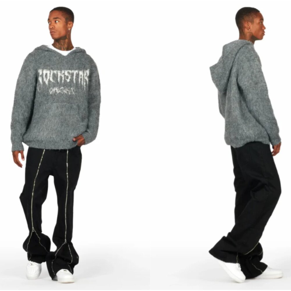 Rockstar Originals Mohair Hoodie Andros Grey Graphic Knitted Pullover Sweatshirt